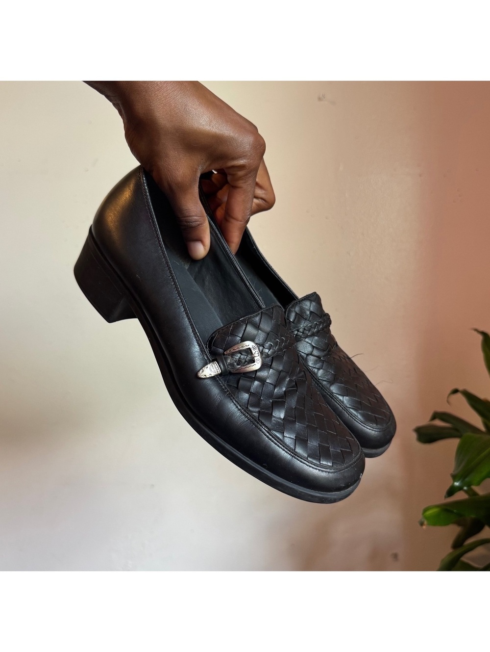 90s Unisa Black Woven Leather Block Heel Loafers size US 8